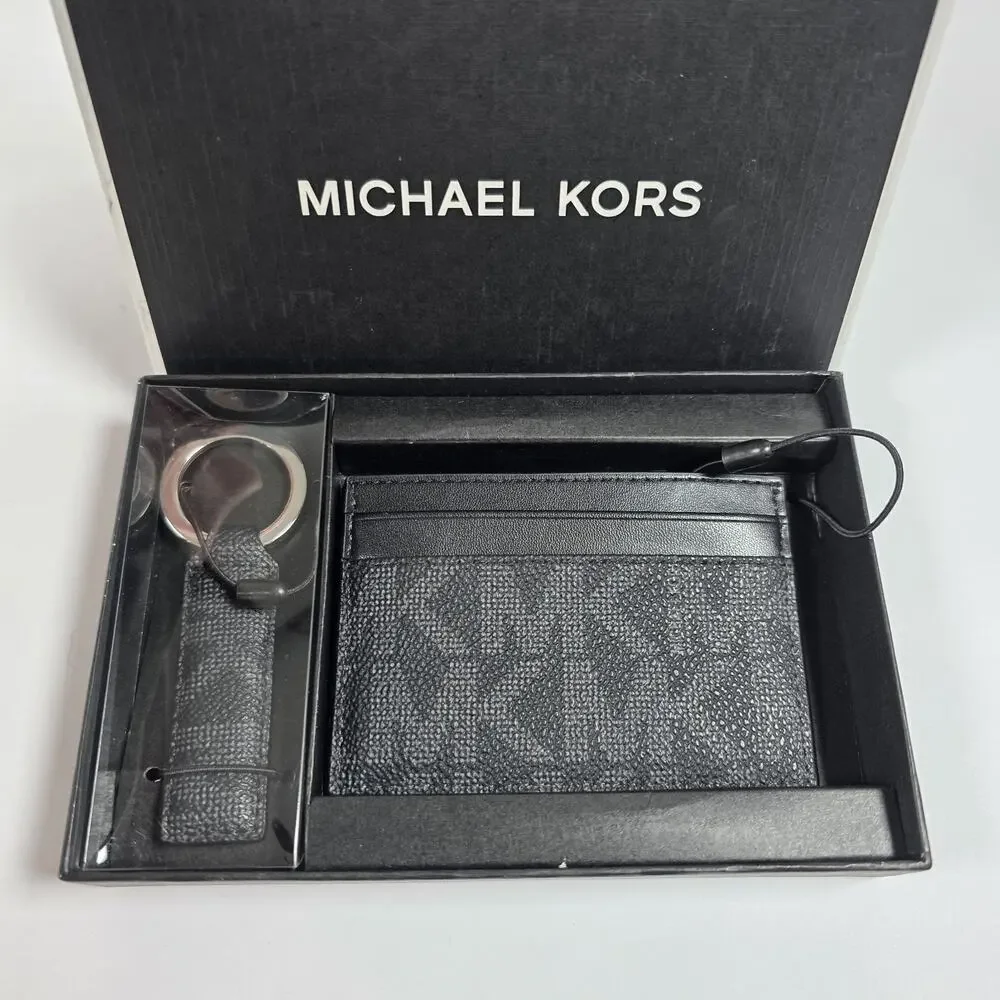 Michael Kors Black Noir Monogram Card Case & Key Ring Set Gift Set NWT